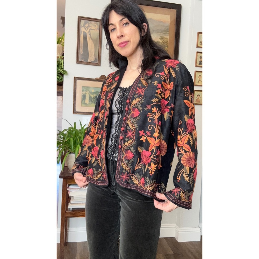 Norm Thompson Womens Silk Embroidered Floral Jacket Black Mandarin Collar Size M - Picture 6 of 8